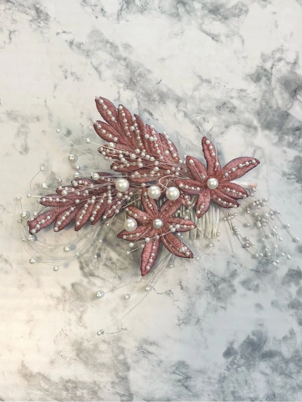Vintage Floral Pink Beaded Pearl Bridal Hair Comb